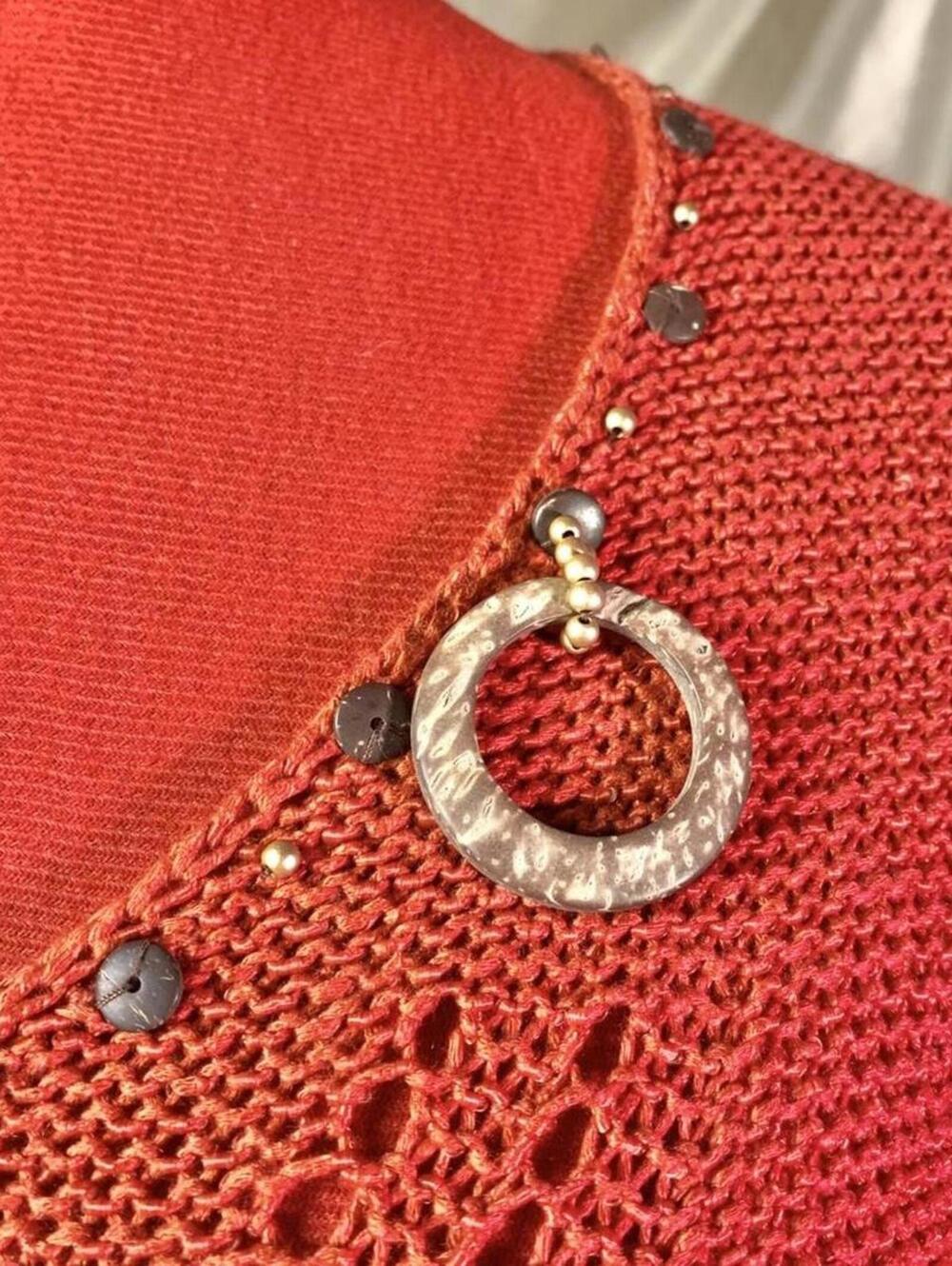 Boho Crochet Knit Artisan Wooden Ring Sweater Top, Coastal
